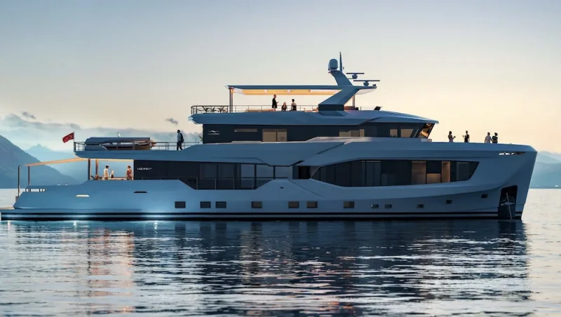 An explorer yacht on still water at dusk