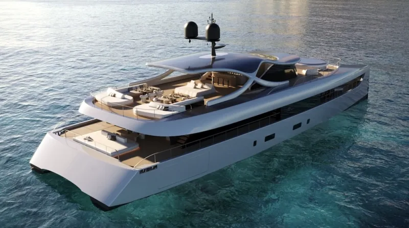 A hybrid yacht seen from above on clear water