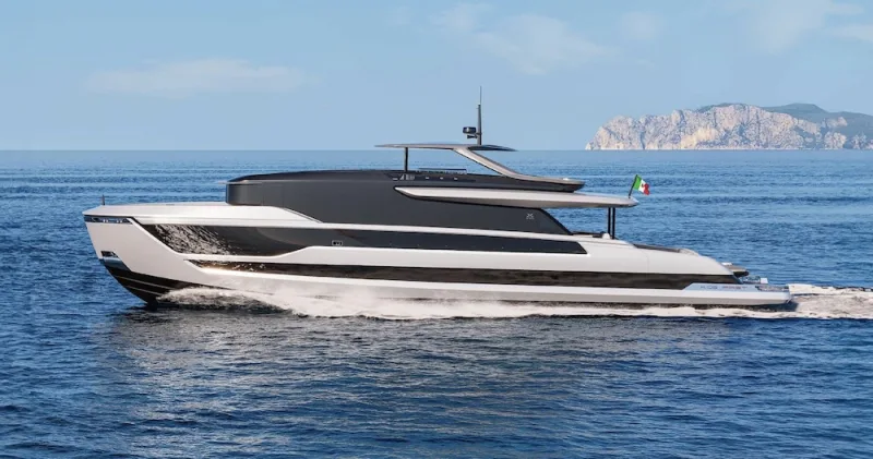 A sport yacht running along the coast
